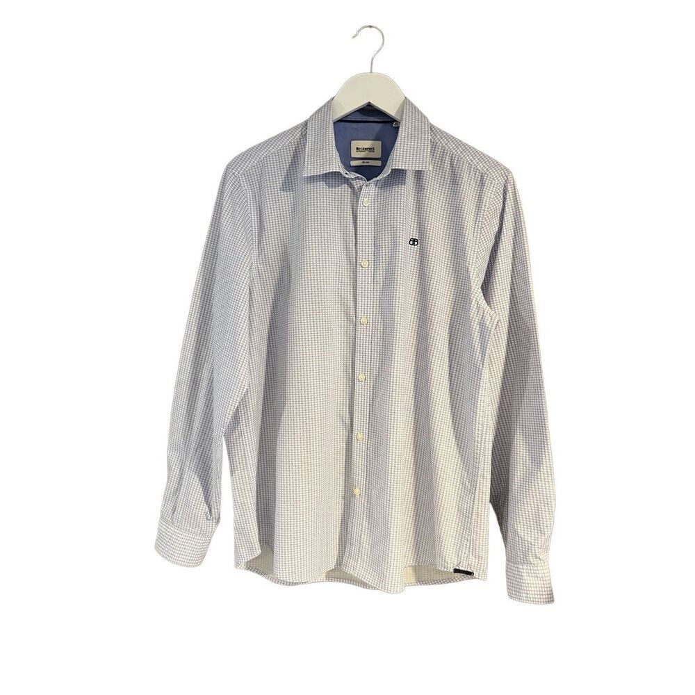 BlackBerry’s slim fit white and blue 100% cotton windowpane button down shirt -